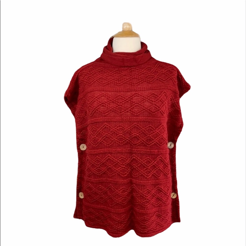 Nadia Rima Cozy Red Cowl Neck Side Button Cable Knit Poncho